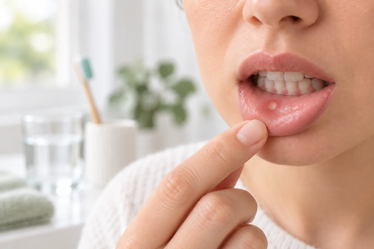 Canker sore inside the mouth showing a small oral ulcer