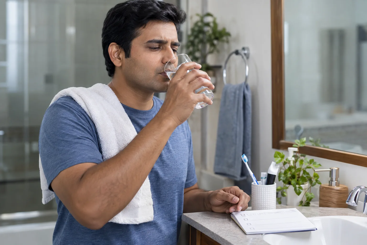 Man drinking water to relieve dry mouth while following oral-care advice