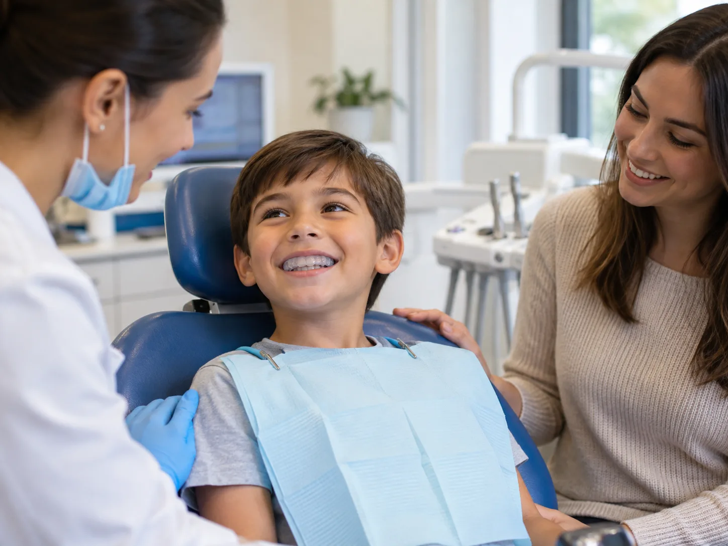 Child receiving guidance about a mouth guard for teeth grinding