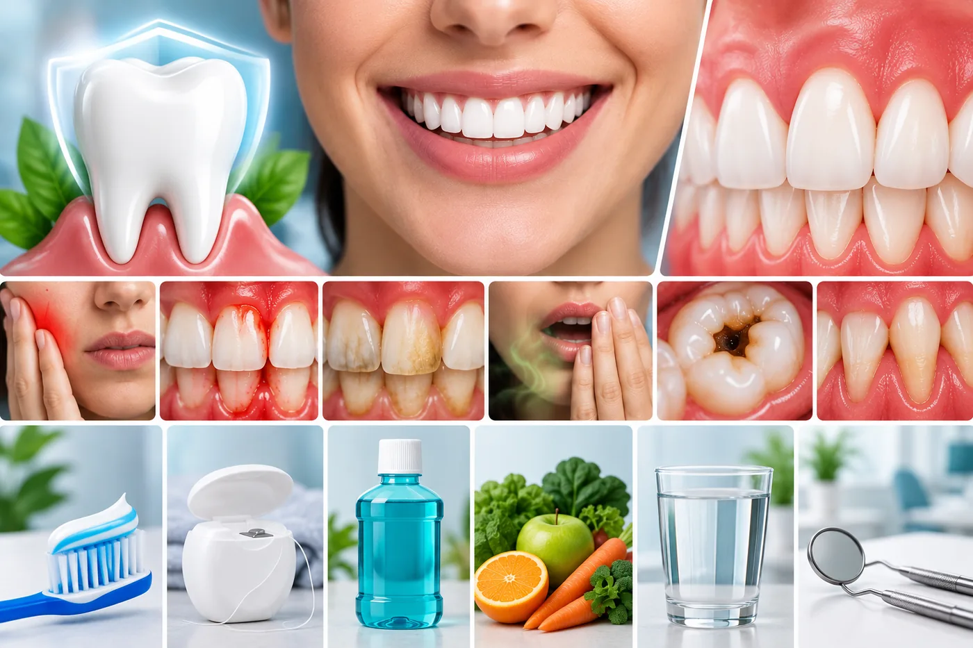 Oral health essentials showing healthy teeth and gums, common dental symptoms, and preventive oral care