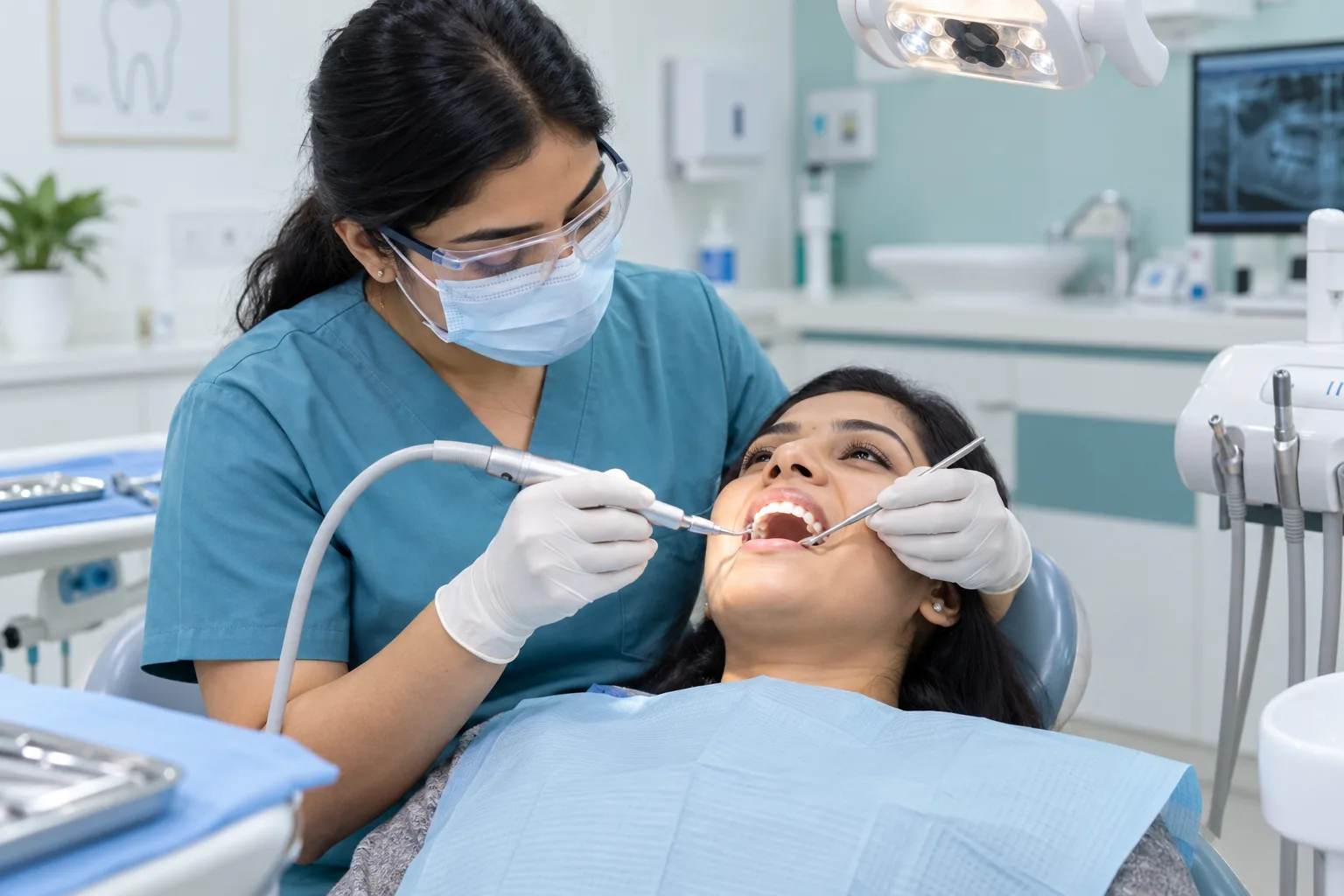 Dentist performing professional teeth cleaning and scaling for a patient at a dental clinic in Faridabad
