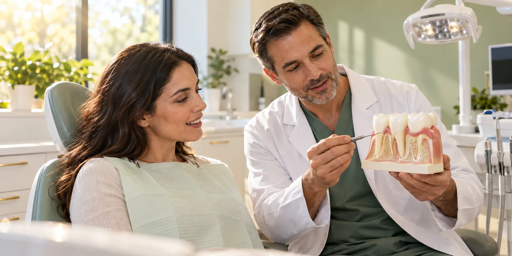 Dentist explaining how vitamin D and calcium support healthy teeth, gums and jaw bone using a dental model