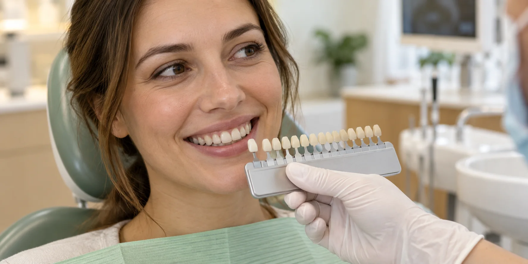 Yellow teeth vs white teeth comparison using a professional tooth shade guide